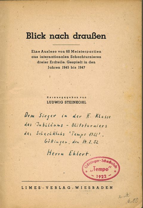 Ein Buchpreis aus dem Jubiläumsblitzturnier von Tempo Göttingen 1952