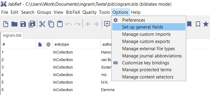 JabRef screenshot "Options menu"