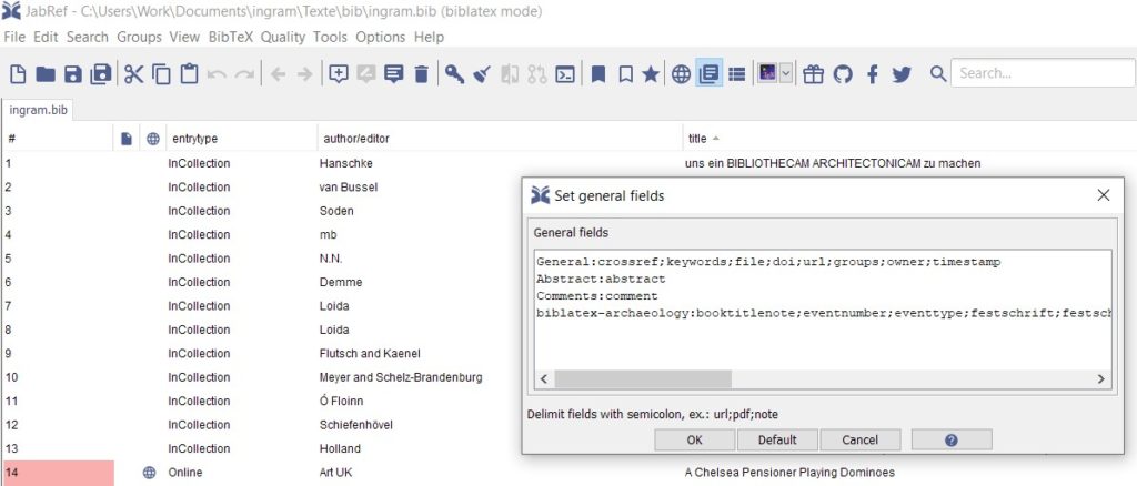 JabRef screenshot "set general fields"