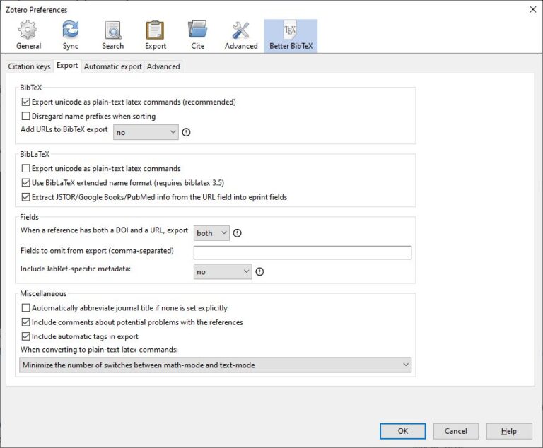 Zotero Better BibTeX export preferences screenshot