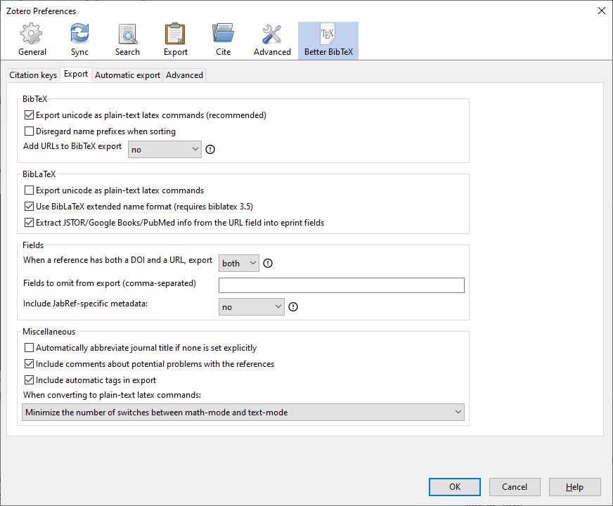 Zotero Better BibTeX export preferences screenshot