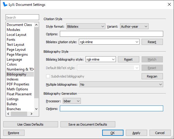 LyX document settings bibliography