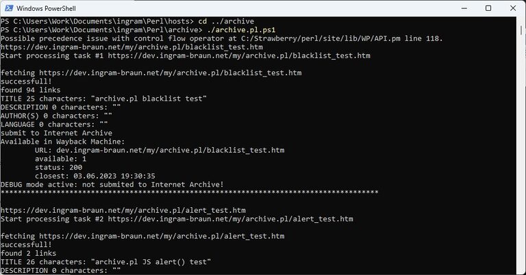 Screenshot archive.pl 2.3 running on Microsoft Powershell