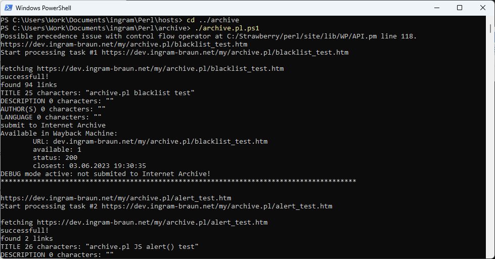 Screenshot archive.pl 2.3 running on Microsoft Powershell