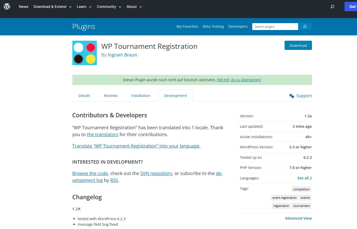 Screenshot of WordPress plugin page “WP Tournament Registration” v1.2a August 8th 2023.